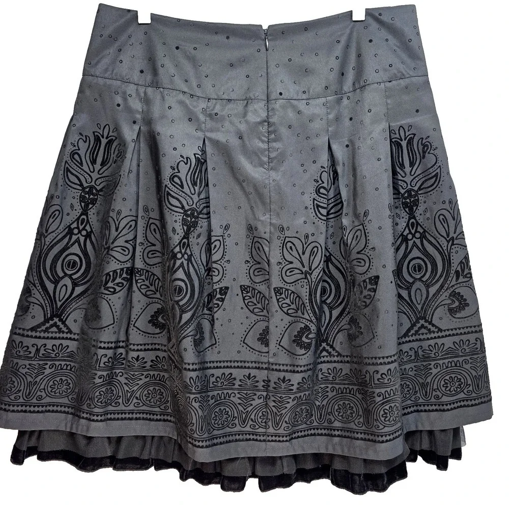 Y2K Floral Embroidered Skirt Black‎ Pleated Gypsy Fairy Wimsigoth Witchy Sz 12